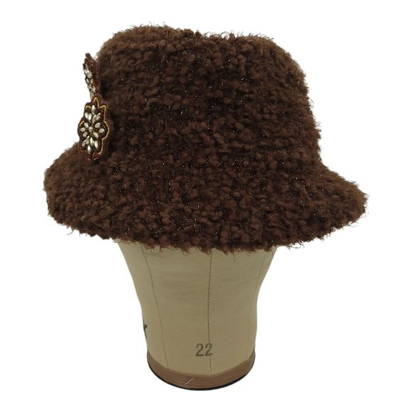 Cejon Brown Nubby Shaggy Sparkle Bucket Hat Floral Blossom One Size Festival Y2K - Picture 3 of 12